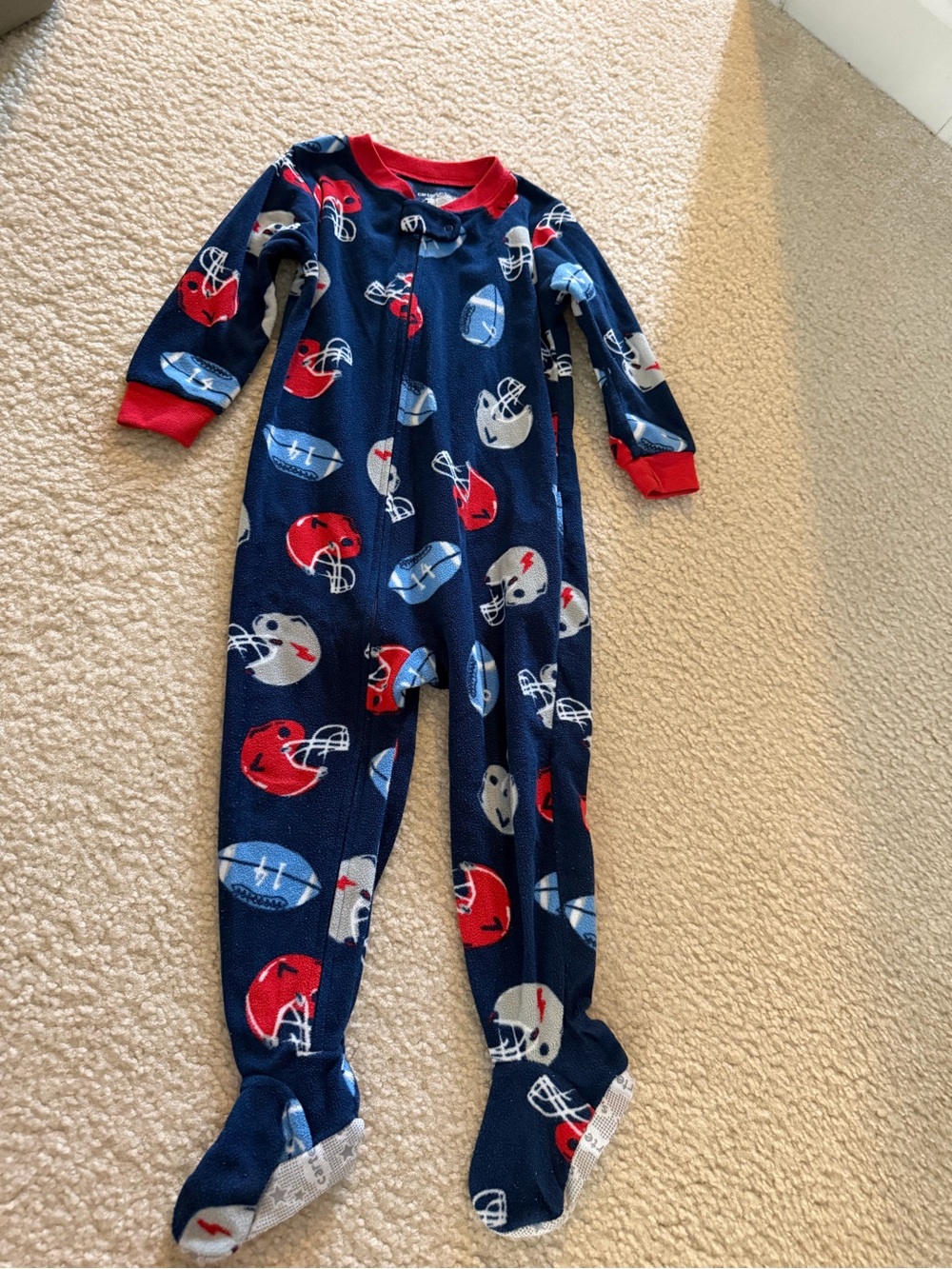 Carter's Navy Football-Print Footed One-Piece with Red Trim